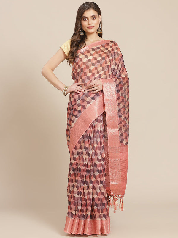 Abstract Printed Banarasi Pallu Cotton Woven Saree