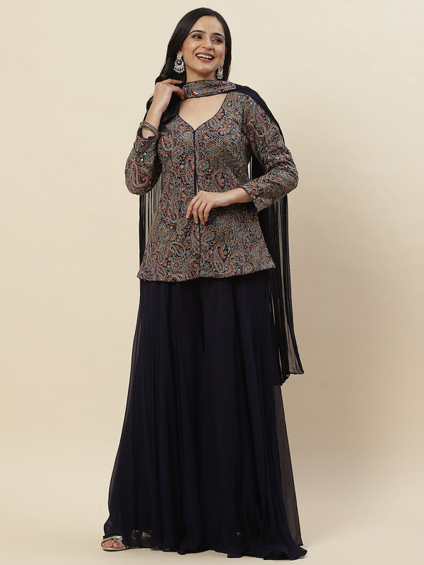 Embroidered Georgette Jacket Style Top With Palazzo & dupatta