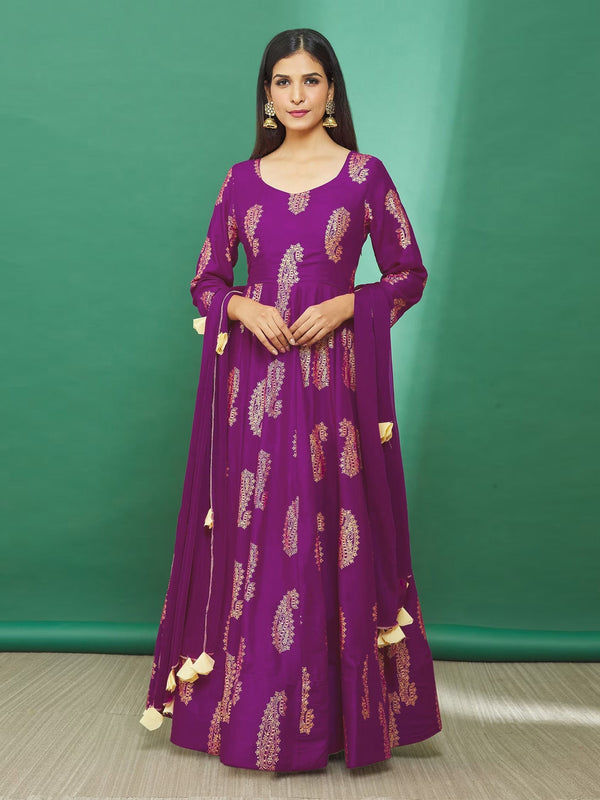 Paisley Printed Rayon Anarkali Kurta With Pants & Dupatta