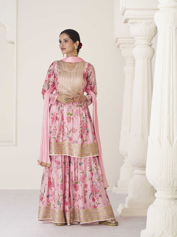 Floral Printed Organza Suit Set With Dupatta & Churidar
