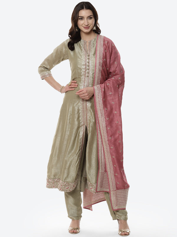 Embroidered Zari Dupion Stitched Salwar Kameez With Embroidered Chanderi Dupatta