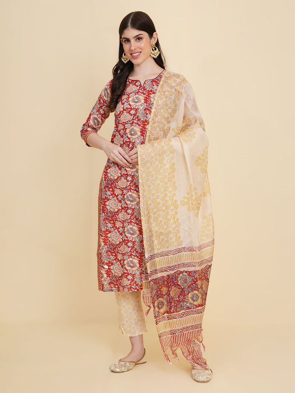 Floral Printed Cotton Kurta With Pants & Dupatta