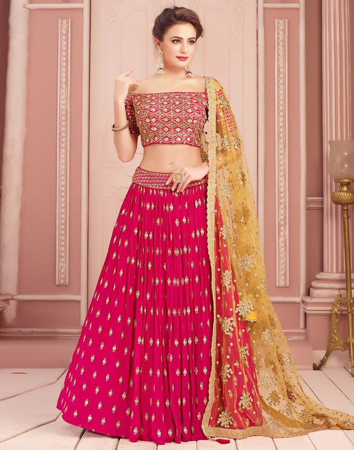 MBZ Meena Bazaar-Elegant Rani Georgette Stitched Lehenga with Net Mustard Dupatta