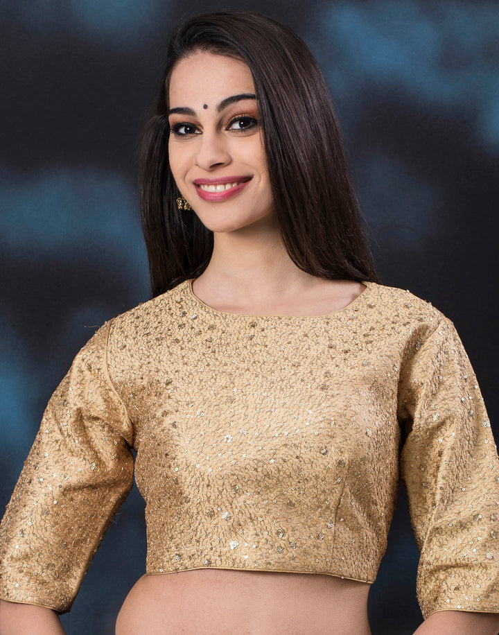 MBZ Meena Bazaar-Meena Bazaar: Dupion silk blouse with golden zari jaal.