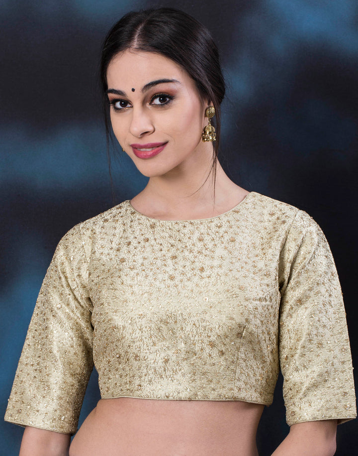 MBZ Meena Bazaar-Meena Bazaar: Dupion silk blouse with golden zari jaal.