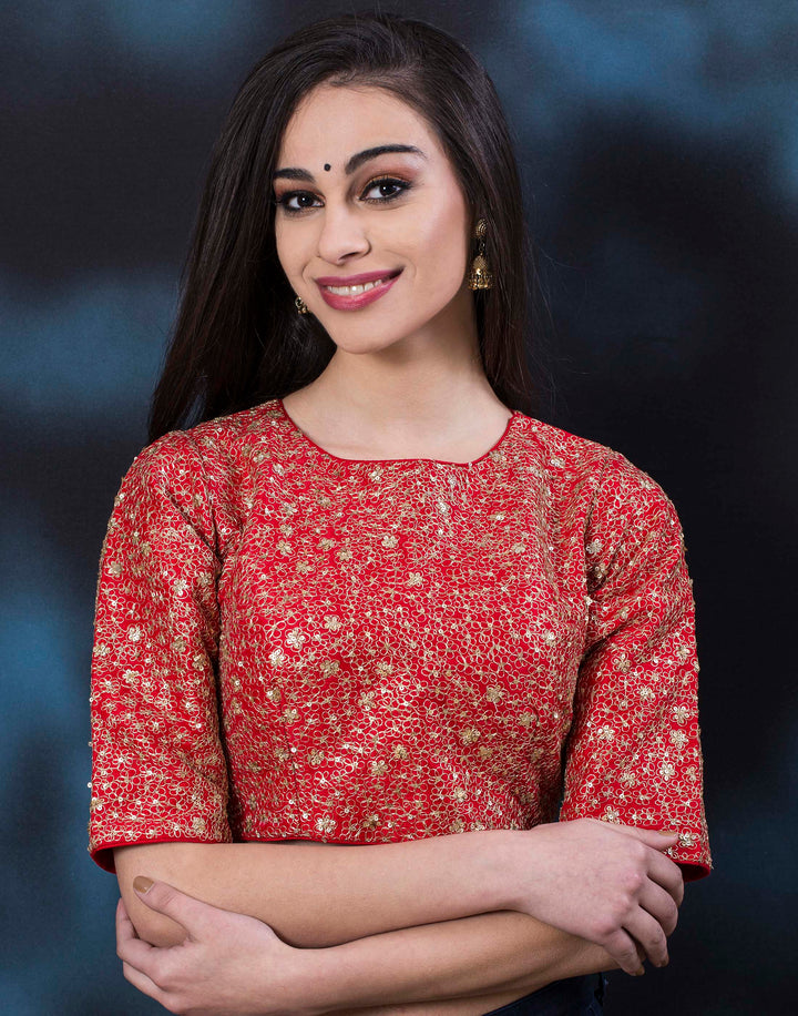 MBZ Meena Bazaar-Meena Bazaar: Dupion silk blouse with golden zari jaal.