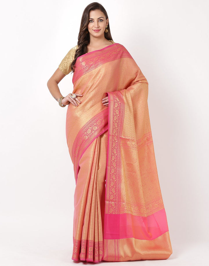 MBZ Meena Bazaar-Peach Cotton Woven Saree
