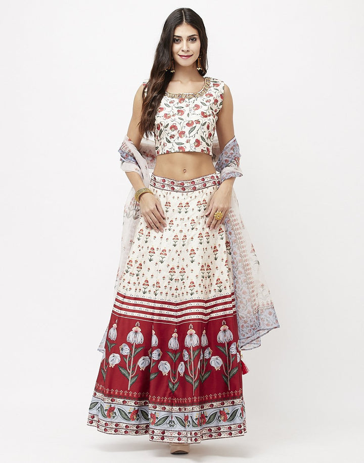MBZ Meena Bazaar-Beige Maroon Art Handloom Lehenga
