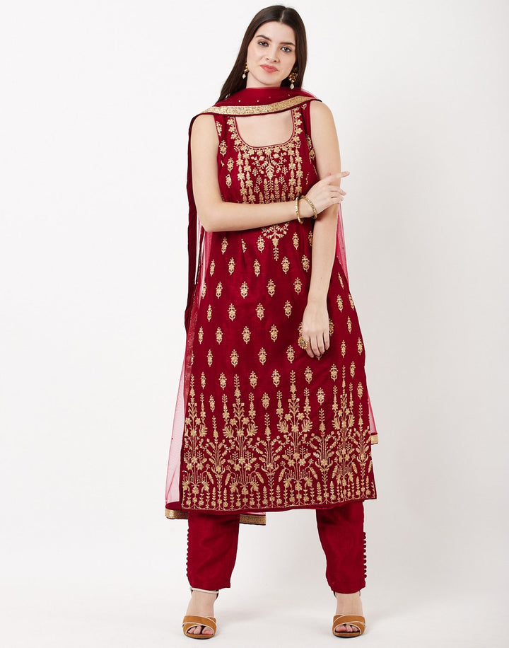 MBZ Meena Bazaar-Maroon Dupion Handloom Salwar Kameez