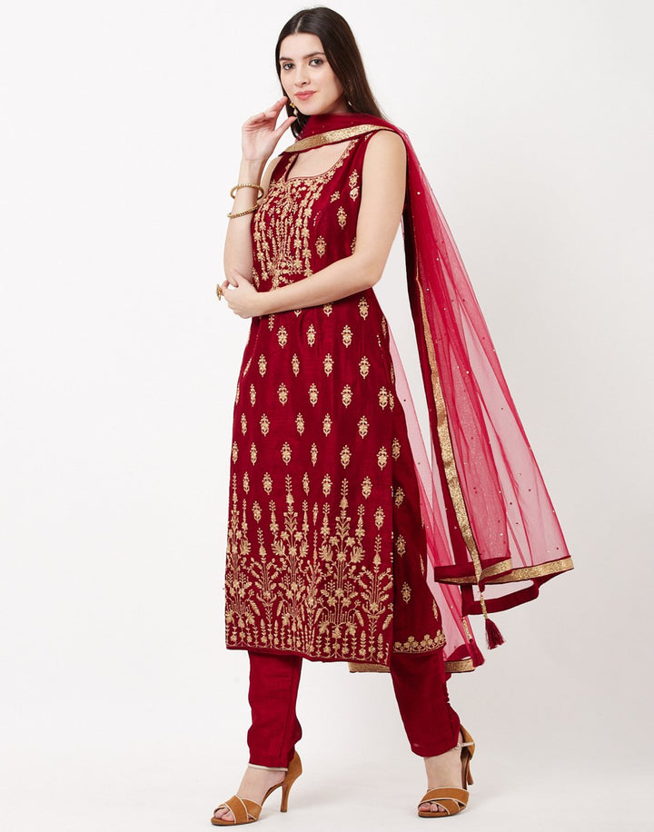 MBZ Meena Bazaar-Maroon Dupion Handloom Salwar Kameez