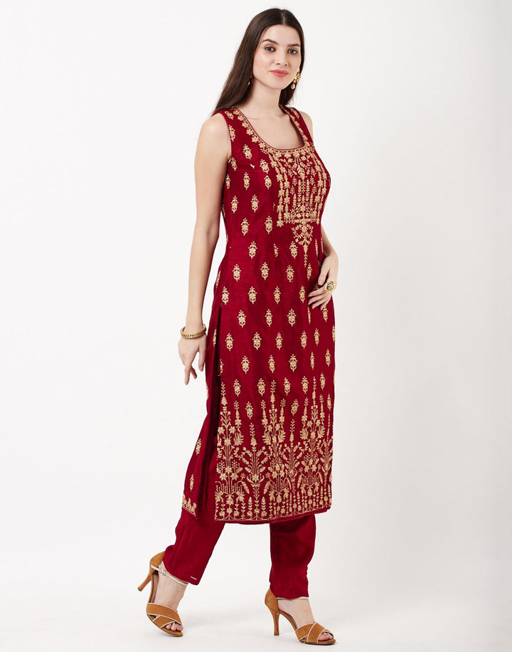 MBZ Meena Bazaar-Maroon Dupion Handloom Salwar Kameez
