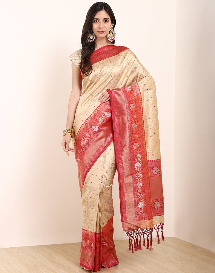 MBZ Meena Bazaar-Beige Rani Banarasi Art Handloom Saree