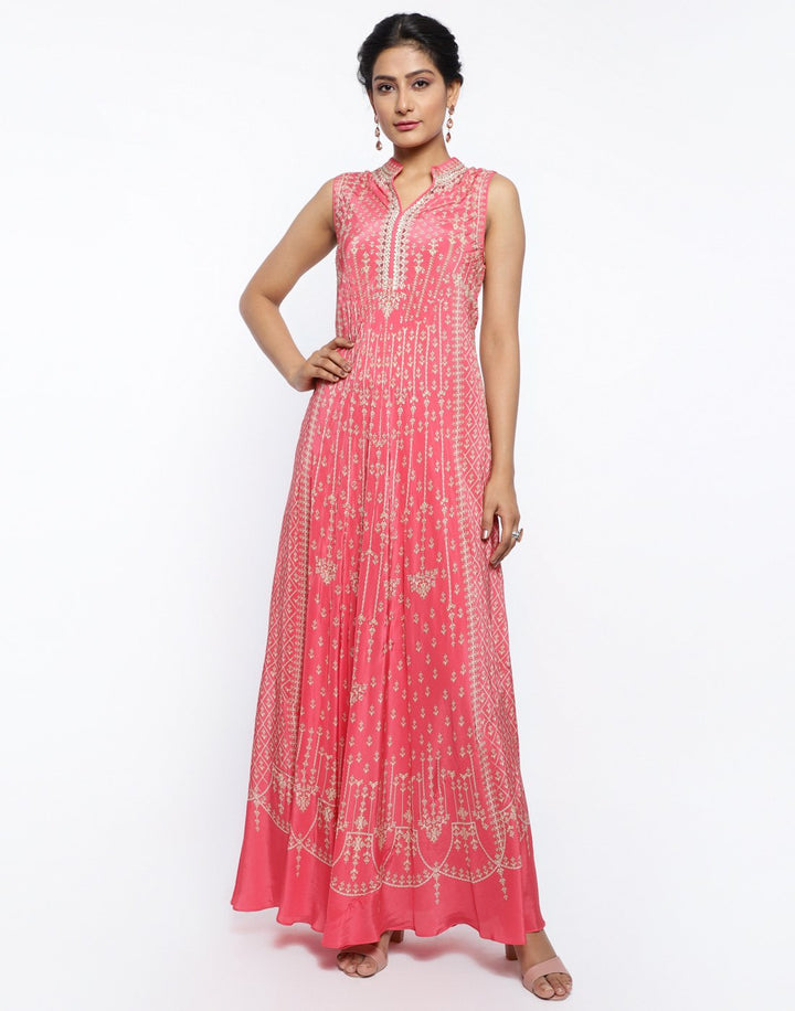 MBZ Meena Bazaar-Coral Pink Crepe Digital Printed Long Dress