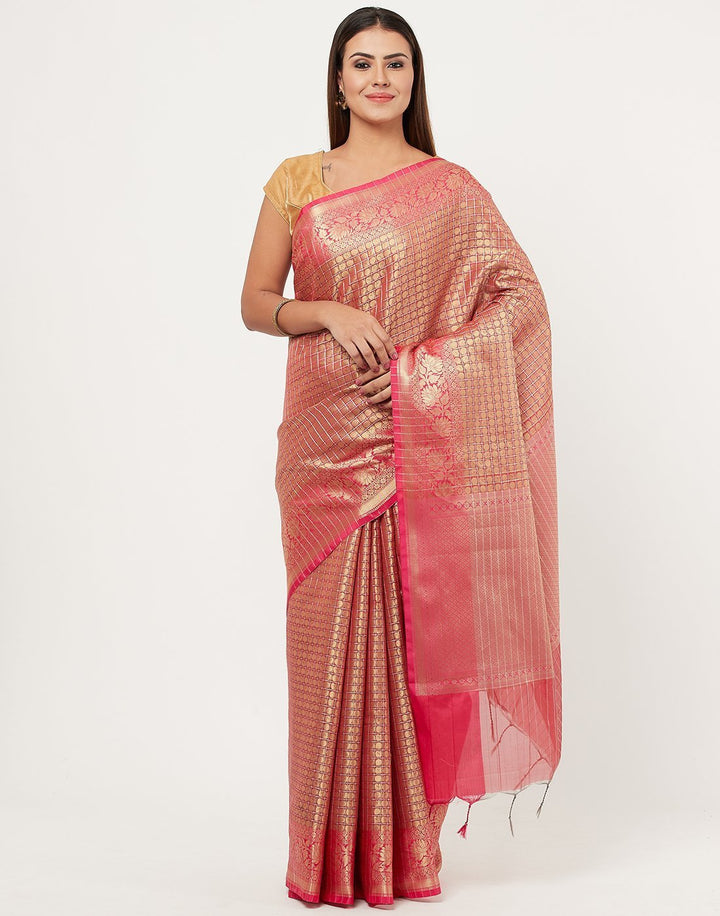 MBZ Meena Bazaar-Red Cotton Woven Saree