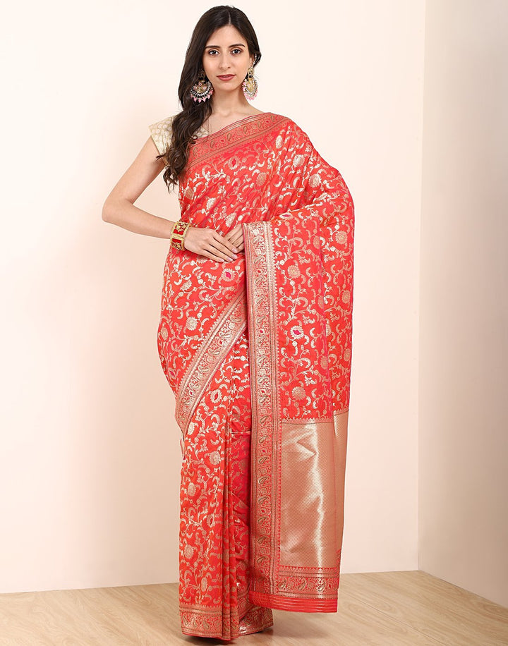 MBZ Meena Bazaar-Orange Banarasi Art Handloom Saree