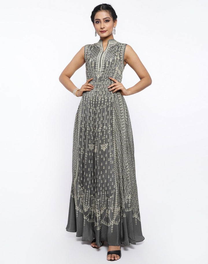 MBZ Meena Bazaar-Coral Pink Crepe Digital Printed Long Dress