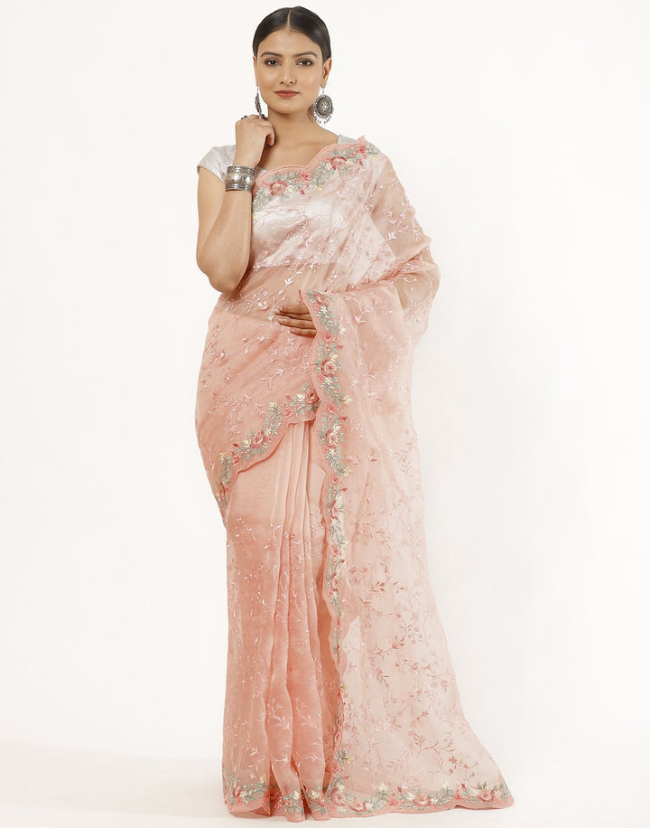 MBZ Meena Bazaar-Organza Silk Saree With Parsi Work