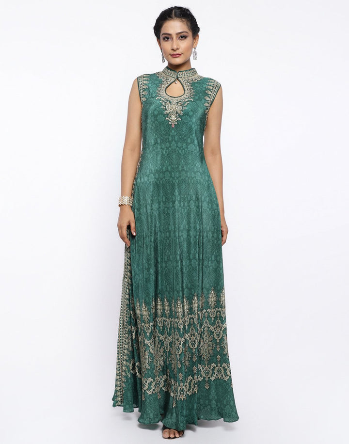 MBZ Meena Bazaar-Green Crepe Digital Printed Long Dress