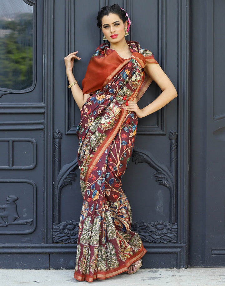 MBZ Meena Bazaar-Maroon Kalamkari Printed Cotton Mirror Work Saree