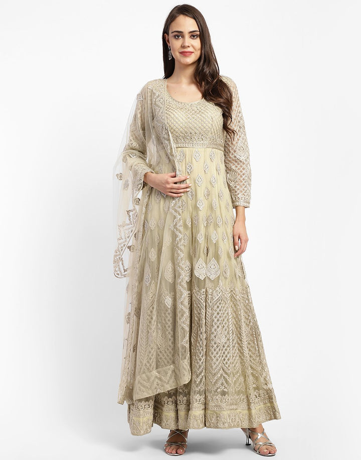 MBZ Meena Bazaar-Beautiful Cream Net Salwar Kameez Stitched Anarkali Suit