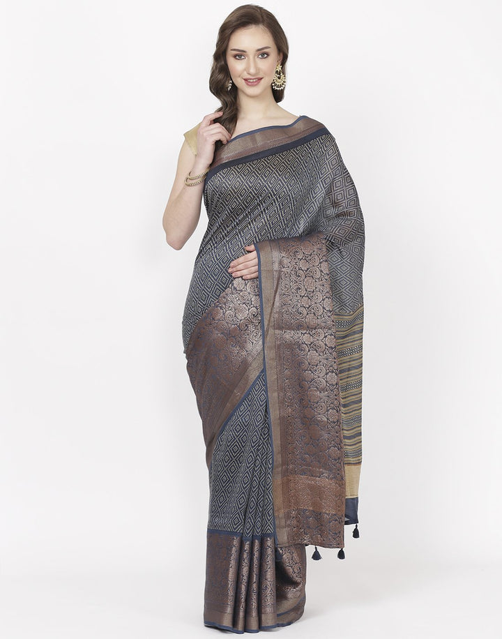 MBZ Meena Bazaar-Navy Blue Printed Cotton Chanderi Saree