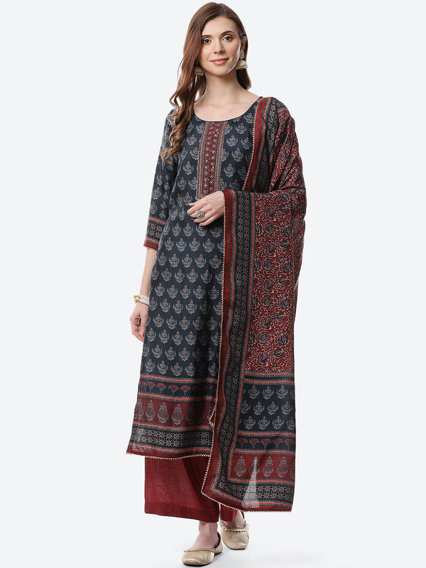 Ajrakh Printed Dupion Unstitched Suit Piece With Printed Dupatta