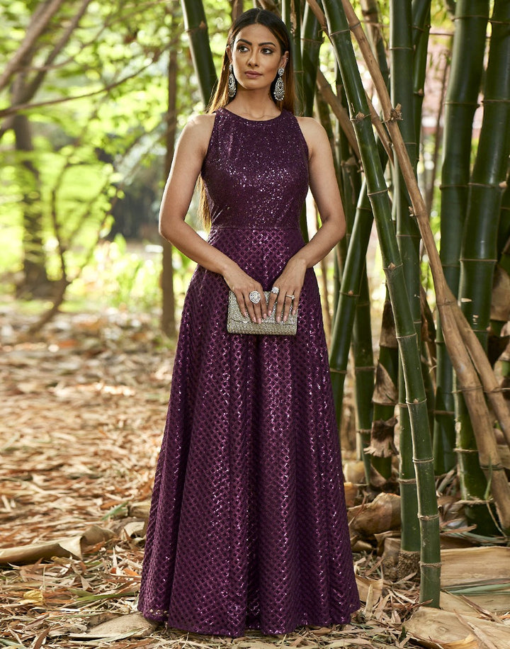 MBZ Meena Bazaar-Wine Net Long Dress
