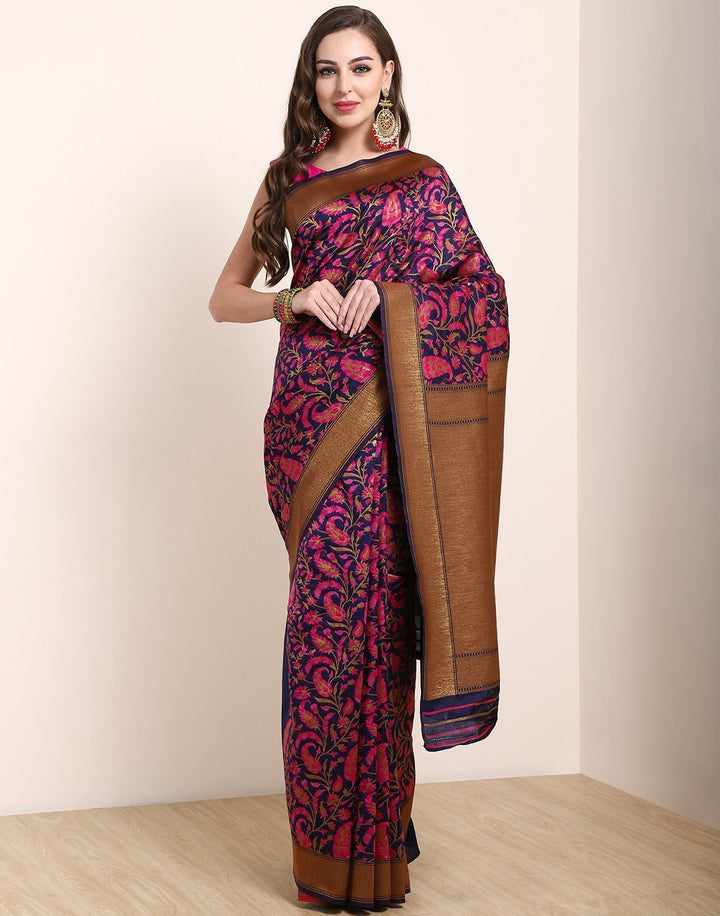 MBZ Meena Bazaar-Navy Blue Orange Banarasi Art Handloom Saree