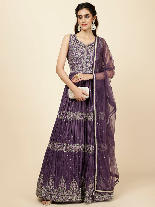 Resham Embroidered Crepe Kurta With Churidar & Dupatta