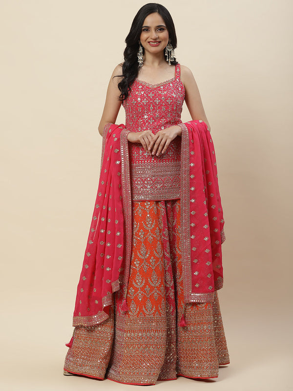 Zari Jaal Embroidered Georgette Kurti With Lehenga & Dupatta