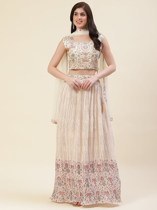 Floral Printed Crepe Choli With Lehenga & Dupatta