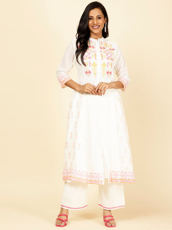 Neck Embroidered Cotton Kurta With Pants