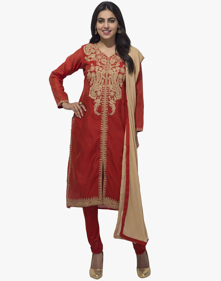 MBZ Meena Bazaar-Red Cotton Chanderi Stitched Salwaar Kameez