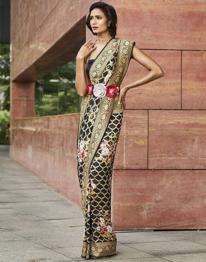 MBZ Meena Bazaar-Black Printed Banarasi Saree