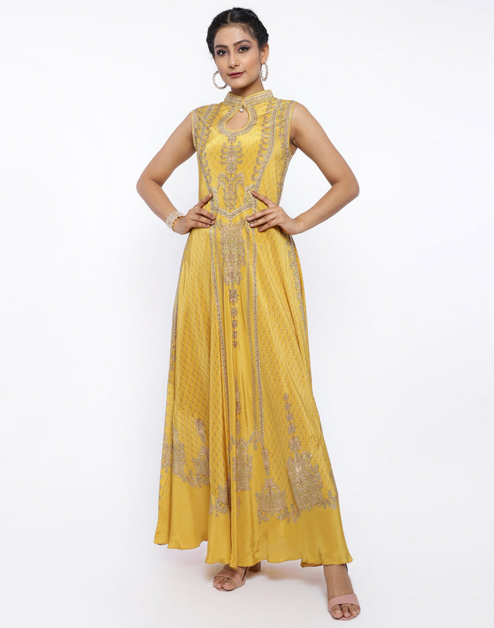 MBZ Meena Bazaar-Mustard Crepe Digital Printed Long Dress