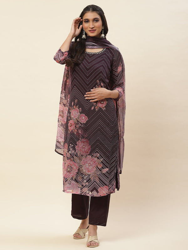 Floral Printed Georgette Kurta With Pants & Dupatta
