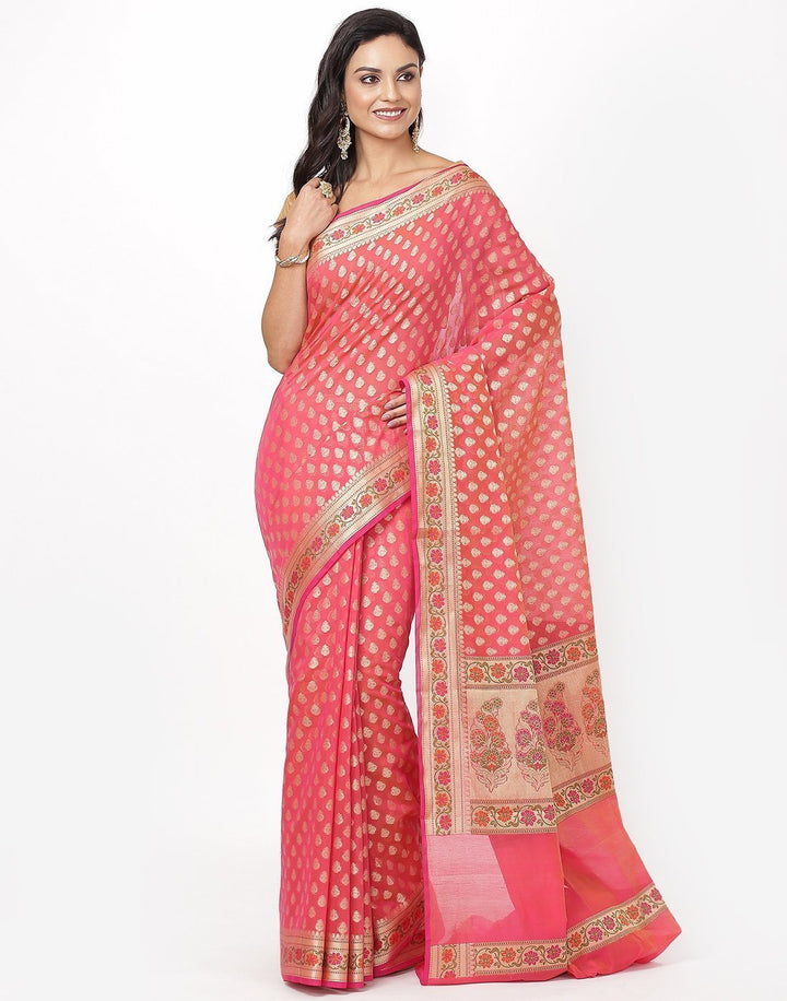 MBZ Meena Bazaar-Hot Pink Cotton Woven Saree