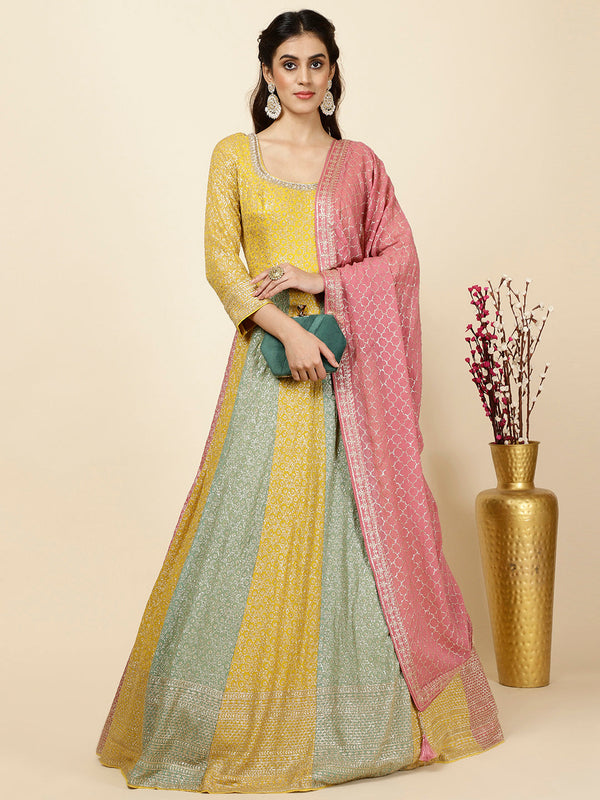 Sequin Embroidered Georgette Kurta With Churidar & Dupatta