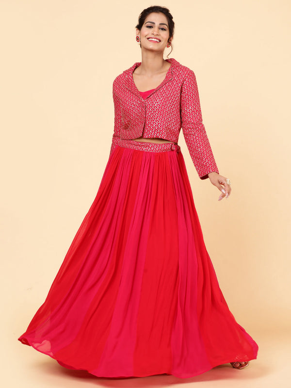 Sequin Embroidered Georgette Crop Top With Lehenga & Jacket