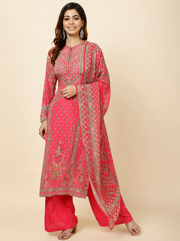 Floral Digital Print Crepe Kurta With Palazzo & Dupatta