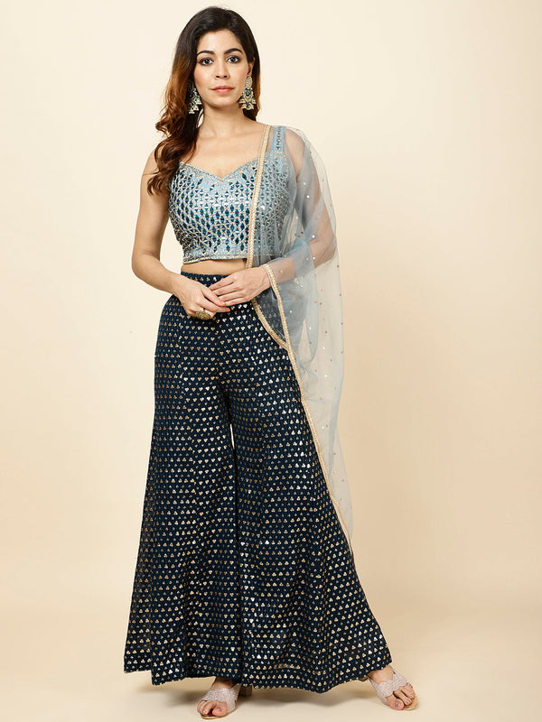 Mirror Work Embroidered Georgette Crop Top With Sharara & Dupatta