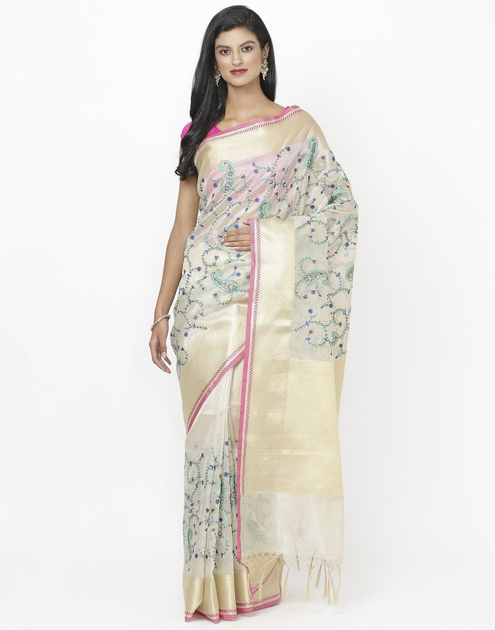 MBZ Meena Bazaar-Beige Navy Cotton Tissue Saree