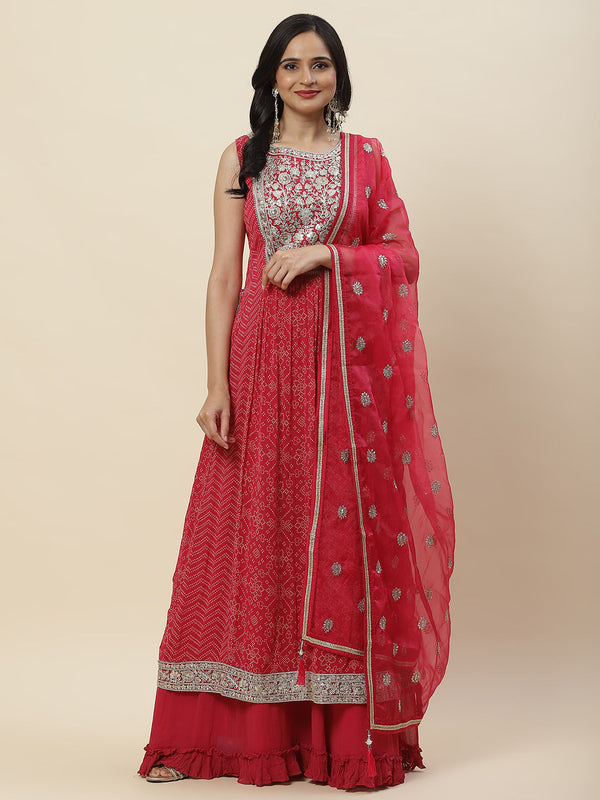 Bandhani Printed Georgette Long Kurta With Skirt & Dupatta