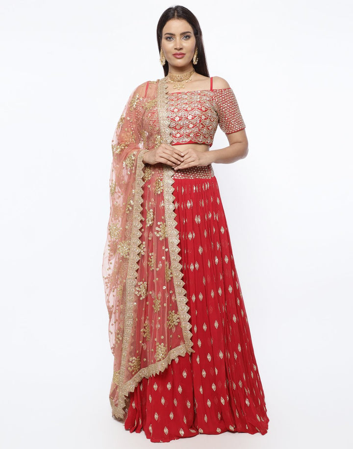 MBZ Meena Bazaar-Elegant Rani Georgette Stitched Lehenga with Net Mustard Dupatta