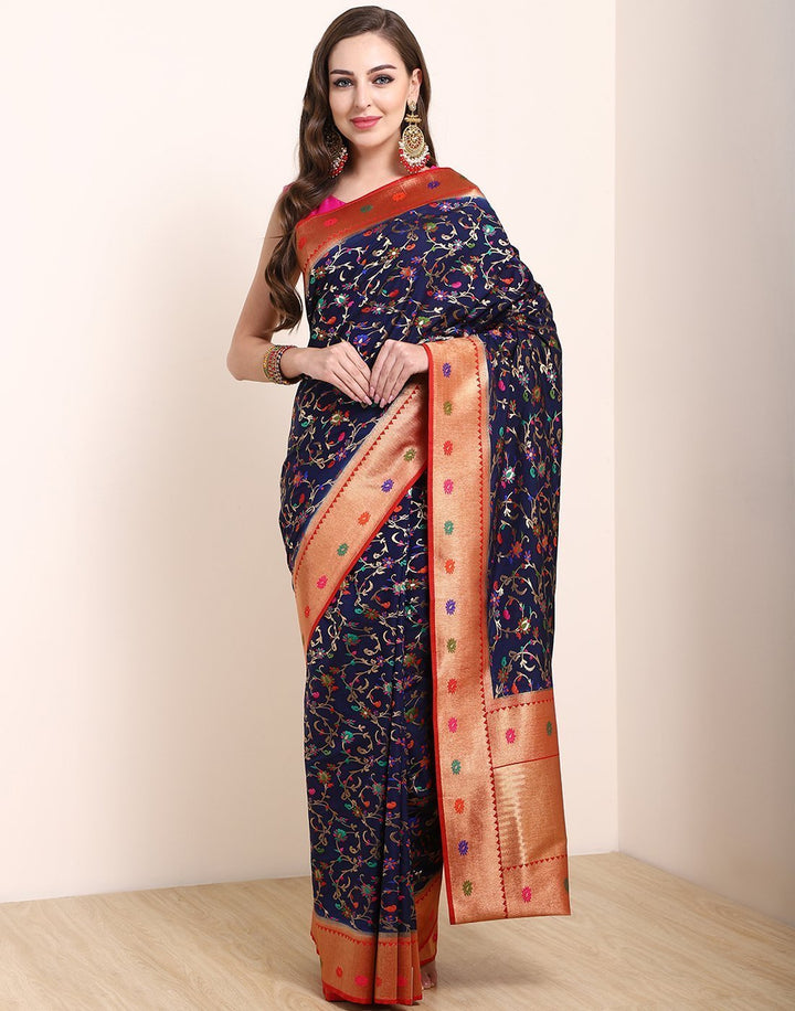 MBZ Meena Bazaar-Navy Blue Art Handloom Saree