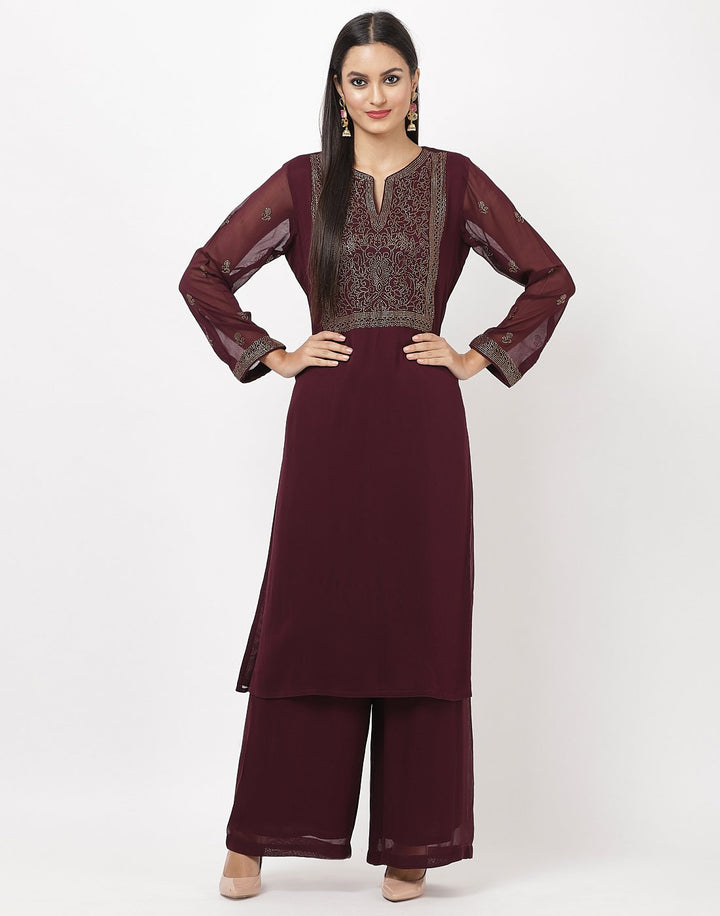 MBZ Meena Bazaar-Wine Georgette Kurti with Palazzo