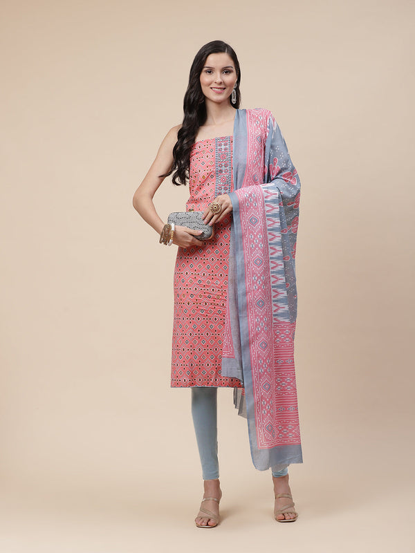 Abstract Printed Cotton Unstitched Suit Piece With Printed Cotton Dupatta