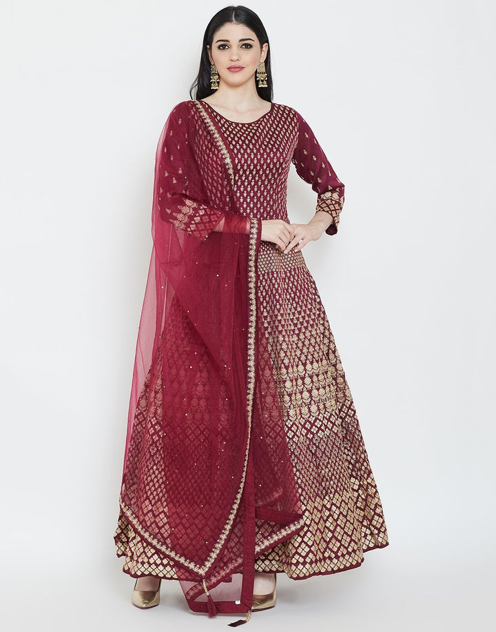 MBZ Meena Bazaar-Maroon Cotton Chanderi Salwar Kameez
