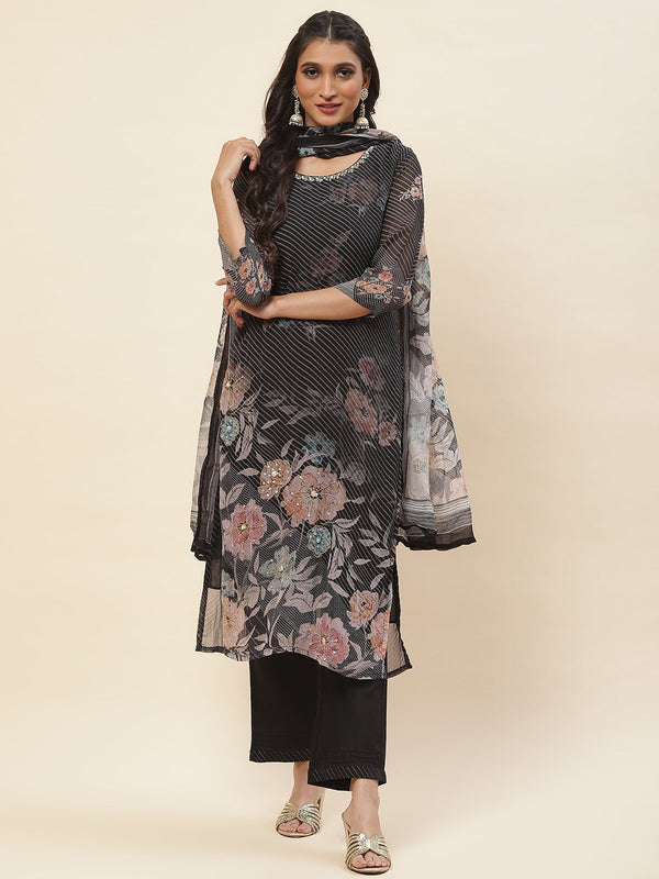 Floral Printed Georgette Kurta With Pants & Dupatta