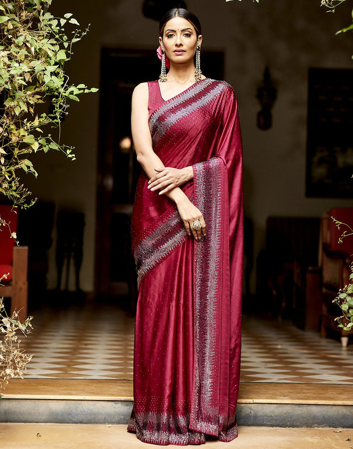 MBZ Meena Bazaar-Satin Silk Saree With Stone Work